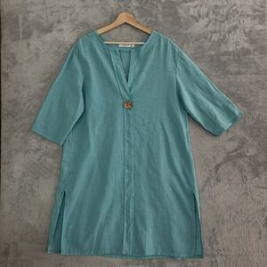 Cristina Vergani Linen Blend Dress Large Turquoise Italy Lagenlook Boho Midi